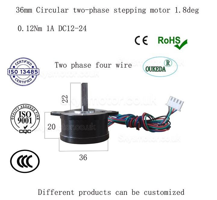 Oukeda Nema 14 Stepper Motor 36BYGH Bipolar 1.8 Deg 12Ncm 1A 10V 36x36x20mm 4 Wires